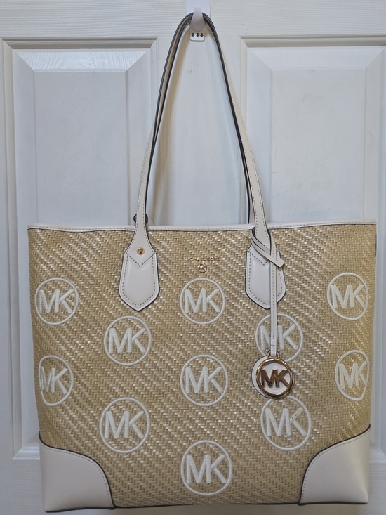 Michael Kors Handbags - Michael Kors White & Natural MK Logo Tote Bag W/Matching Pouch NWT